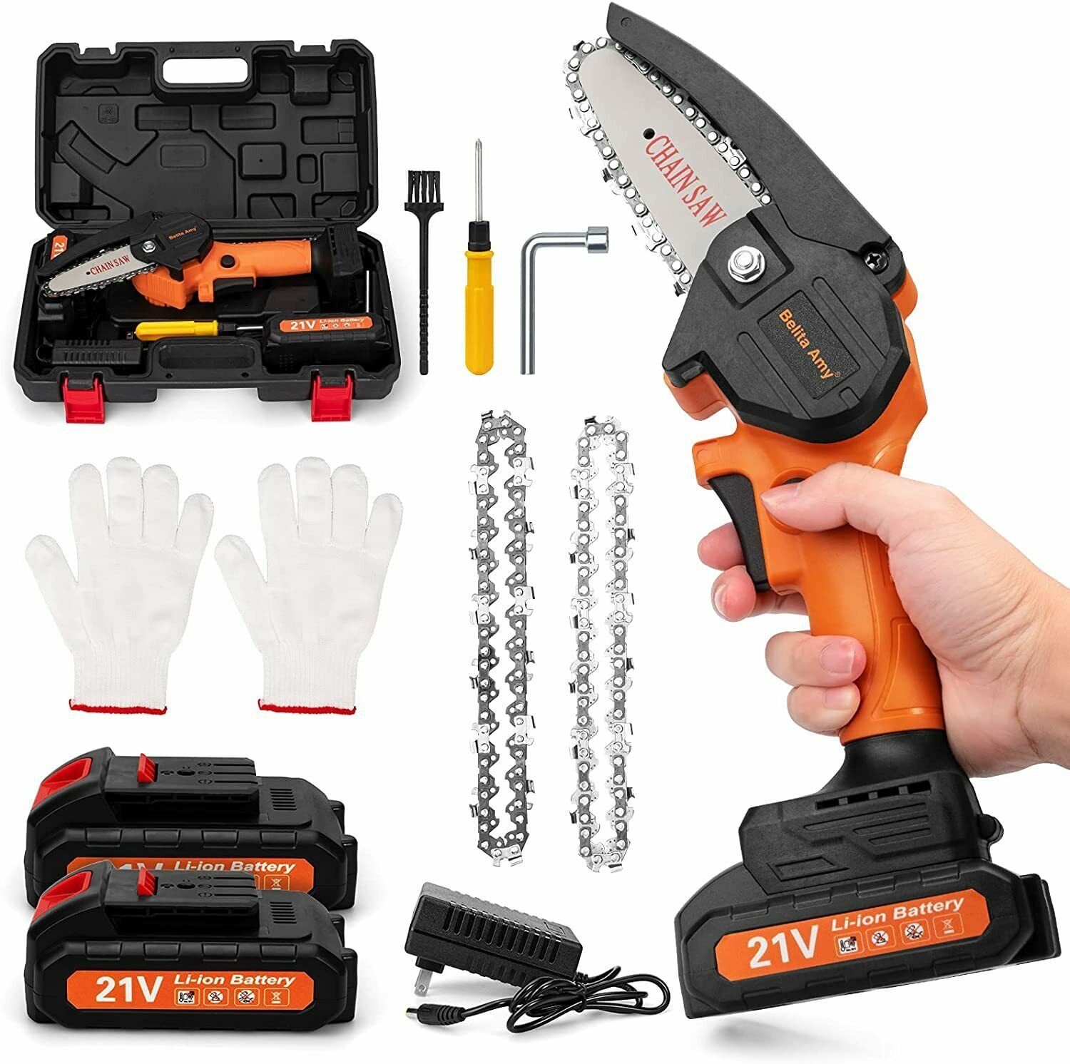 4" Mini Cordless Handheld Chainsaw Kit High Efficiency BLDC  Double Protective S
