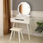 Dressing Table with Single Round Mirror with Bulb & 4 Drawers White