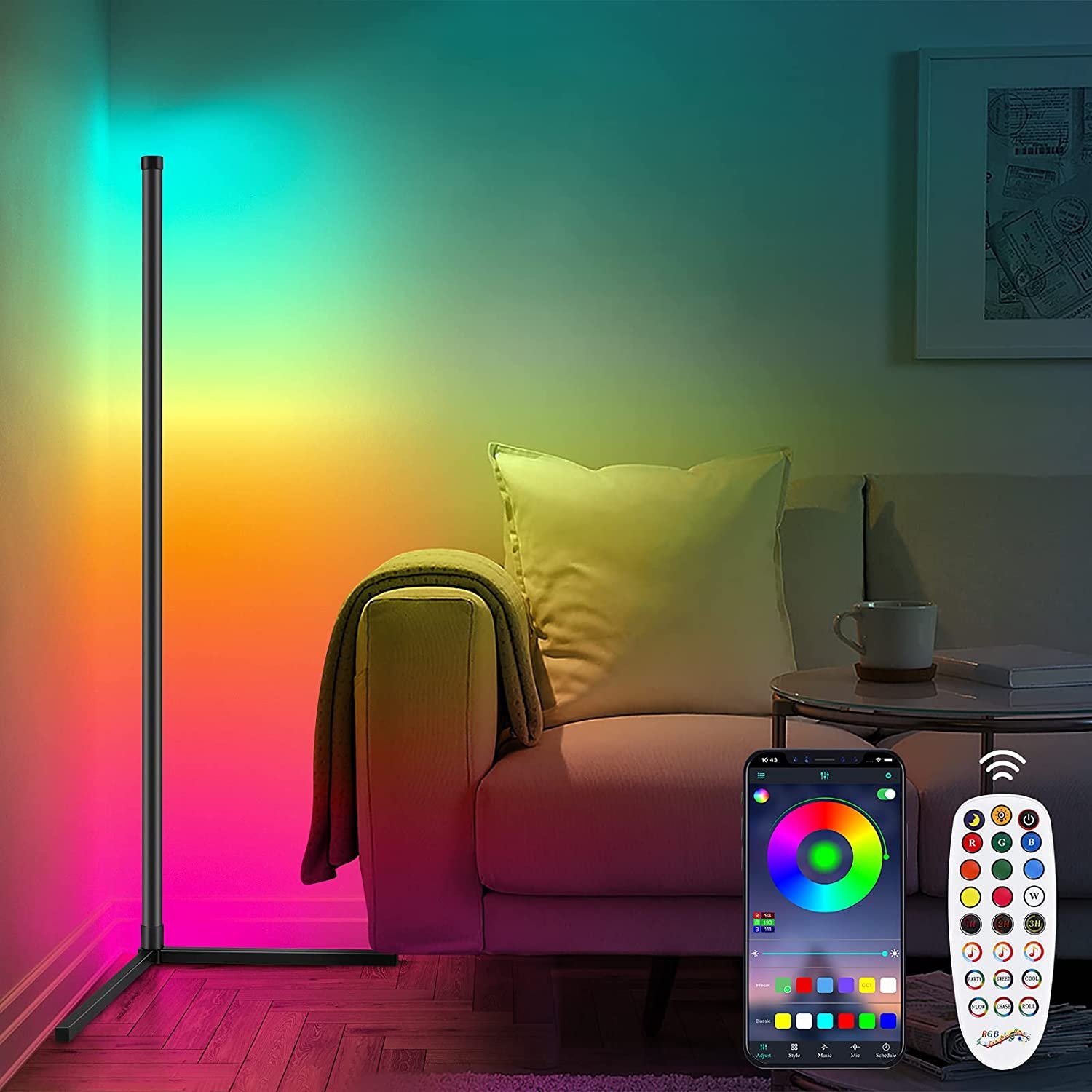 RGB Corner Floor Lamp, Color Changing LED Floor Lamp