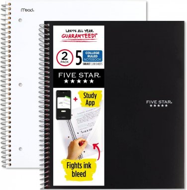 Spiral Notebooks plus Study App, 2 Pack, 5 Subject, College Ruled Paper, 11" X 8