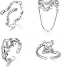 4Pcs Nature-Inspired Adjustable Silver Ring Set - Platinum-Plated Stackable Ring
