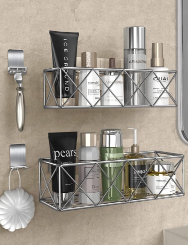 Bathroom Shower Caddy, Strong Adhesive Shower Organizer Shelf with 2 Hooks Rustp