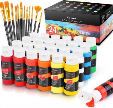 Caliart Acrylic Paint Set with 12 Brushes, 24 Colors (59Ml, 2Oz) Art Craft Paint