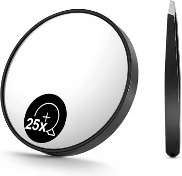 25X Magnifying Mirror and Eyebrow Tweezers Kit, 3.5" Two Suction Cups Magnifier