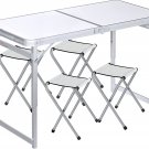 Folding Picnic Table with 4 Stools, Aluminum Table Oxford Mat Chair Set for up t