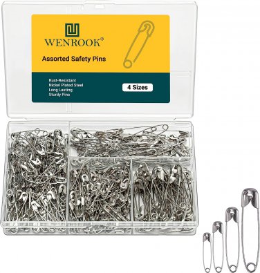 Safety Pins Assorted 4 Different Sizes - 300 Count - Strong Nickel Plated Steel,
