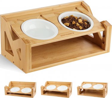 Elevated Cat Bowls 3 Height Adjustable Raised Cat Food Bowl with 15&Acirc;&deg;Tilted Ceram