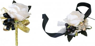 2 PCS Wedding Wrist Flower and Mens Corsage, Artificial Ivory Rose Flower Wrist