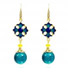 Blue Glass and Yellow Agate Cloisonne Earrings with 14K Gold Plated Earhooks