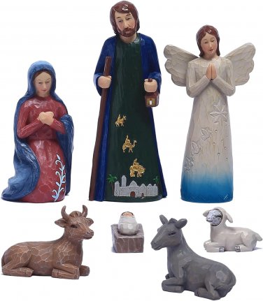 7-Piece Nativity Sets Sculpture, Hand Carved Nativity Set Figurines, Resin Relig