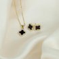 Four Leaf Black Clover Necklace Earring Set for Women 18K Gold Plated Stainless