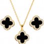Four Leaf Black Clover Necklace Earring Set for Women 18K Gold Plated Stainless