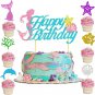 7Pcs Mermaid Happy Birthday Cake Topper Mermaid Cupcake Toppers Glitter Cupcake