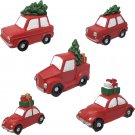 Red Car Pickup Set/5 Christmas Decorations - Cars with Xmas Tree Accents - Festi