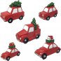 Red Car Pickup Set/5 Christmas Decorations - Cars with Xmas Tree Accents - Festi