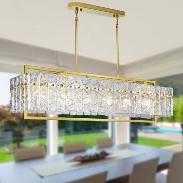 Modern Rectangle Gold Crystal Chandeliers for Dining Room, 42" Large Rectangular