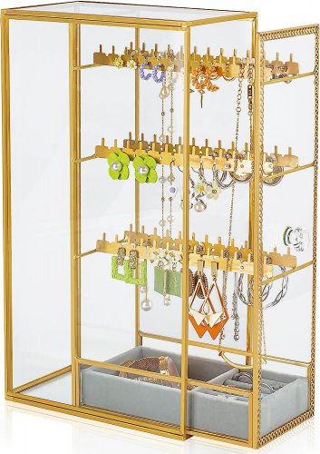 Glass Earring Holder Organizer, Jewelry Organizer Earrings Holder with Hanging H