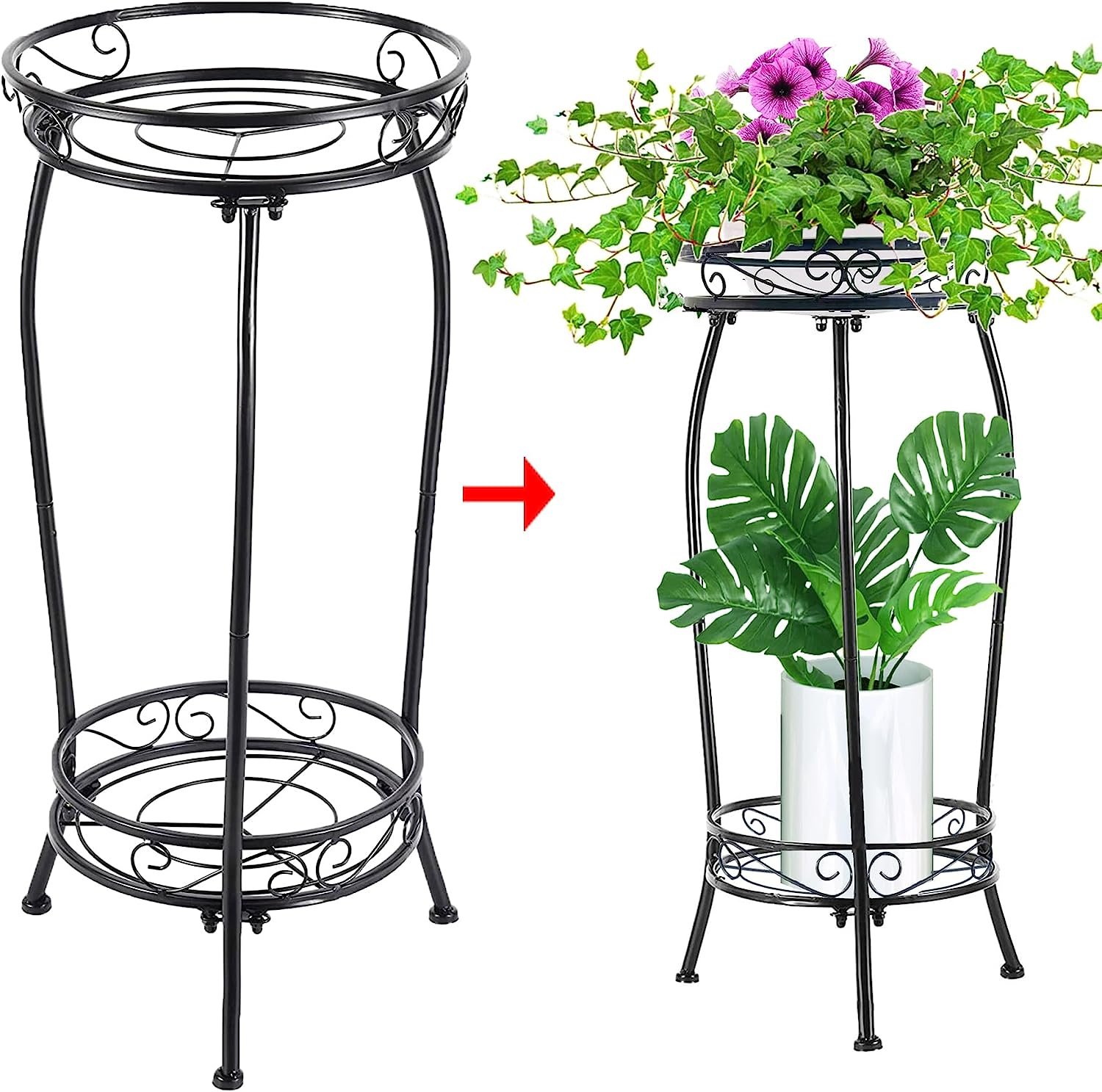 Plant Stand Indoor Outdoor, 2 Tier Tall Metal Round Plant Stands 