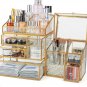 4PCS Gold Glass Makeup Organizers with Drawers and Glass Brush Holder - Stylish