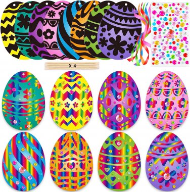 8 Pcs Easter Eggs Rainbow Scratch Paper Art Set,Easter Crafts for Kids Ornaments