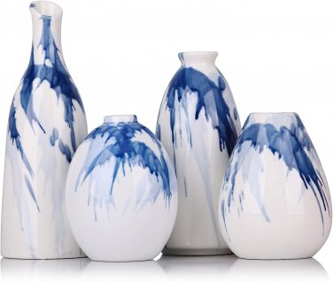 Set of 4 Blue and White Ceramic Bud Vases - Modern Farmhouse Navy Blue Decorativ