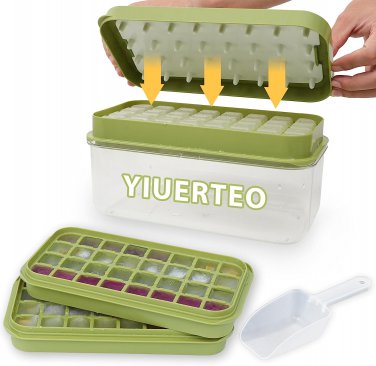 Ice Cube Tray with Lid and Bin, 64 Grids Ice Trays for Freezer with Bin, Silicon