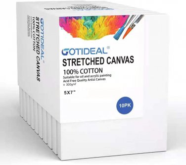Stretched Canvas, 5X7" Inch Set of 10, Primed White - 100% Cotton Artist Canvas