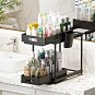 Double Sliding under Sink Organizer, 2 Tier Bathroom Organizer with 1 Cup 4 Hook