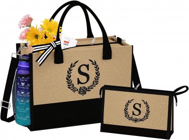 Initial Jute Canvas Tote Bag, Personalized Beach Bag with Makeup Bag, Birthday W