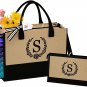 Initial Jute Canvas Tote Bag, Personalized Beach Bag with Makeup Bag, Birthday W