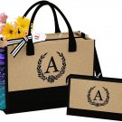 Initial Jute Tote Bag with Makeup Bag, Beach Bag with Zipper Shoulder Strap, Sui