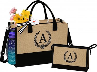 Initial Jute Tote Bag with Makeup Bag, Beach Bag with Zipper Shoulder Strap, Sui