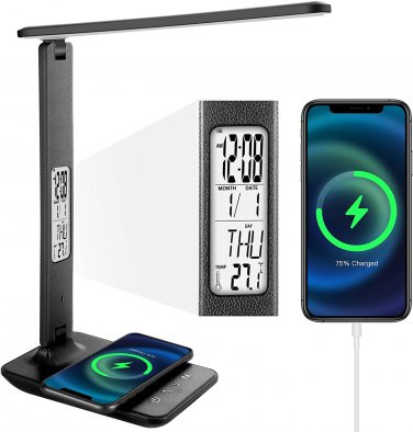 LED Desk Lamp with Wireless Charger for Home Office, USB Charging Port, Clock, A