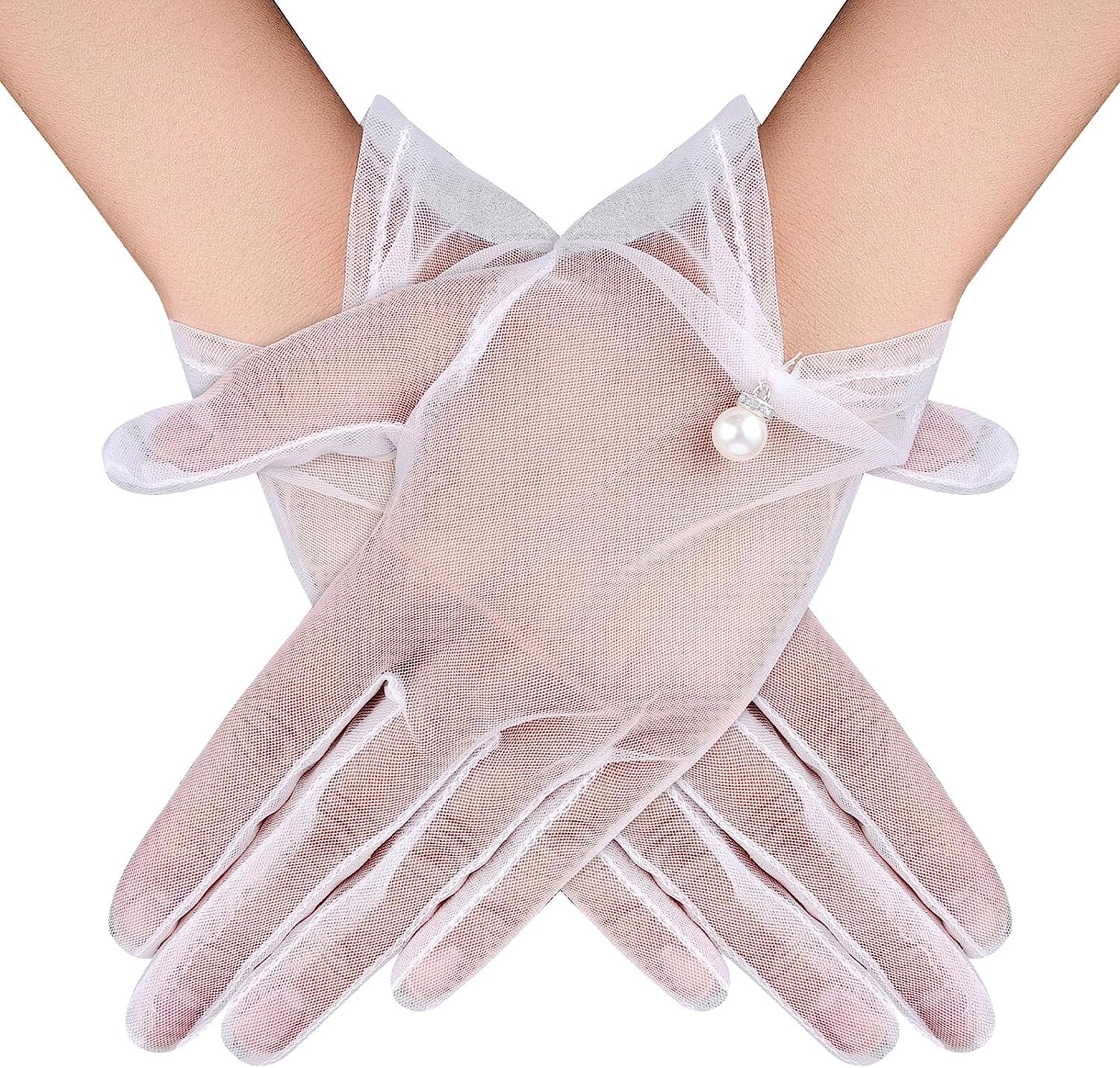 Women White Bridal Lace Gloves Elegant Short Tea Party Gloves Wrist