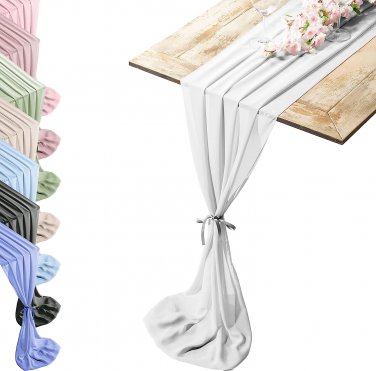 Silky Touch Chiffon Table Runner with Two Style Ribbon Ties - 10Ft. Stark-White