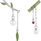 Bamboo Asymmetrical S925 Sterling Silver Stud Earrings Green Retro Pearl Earring