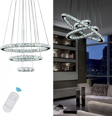 KKMYWAN Modern Crystal Chandelier Dimmable 3 Ring LED Chandelier round Pendant L