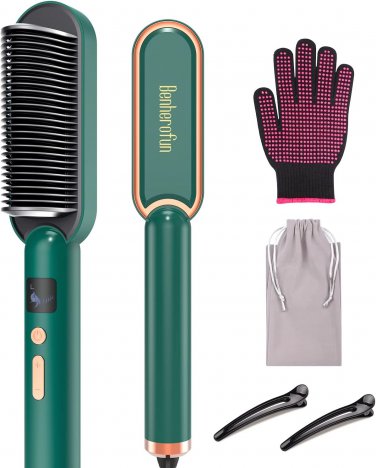 Hair Straightener Brush - Fast Heating Ceramic Hair Straightener Comb & Iron wit