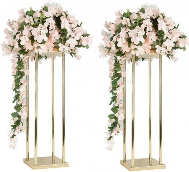 Pack of 2 24 Inch Tall Wedding Flower Vase Metal Flower Stand Gold Display Colum