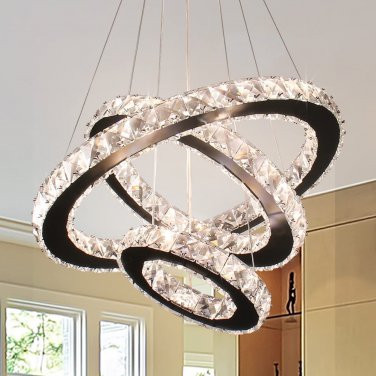 Diisunbihuo Dimmable Black Modern LED Crystal Chandeliers 3 Rings Pendant Light
