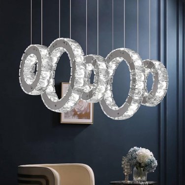 Modern Chandelier Dining Ldight Dimmable 5-Ring Crystal LED Pendant Light Adjust