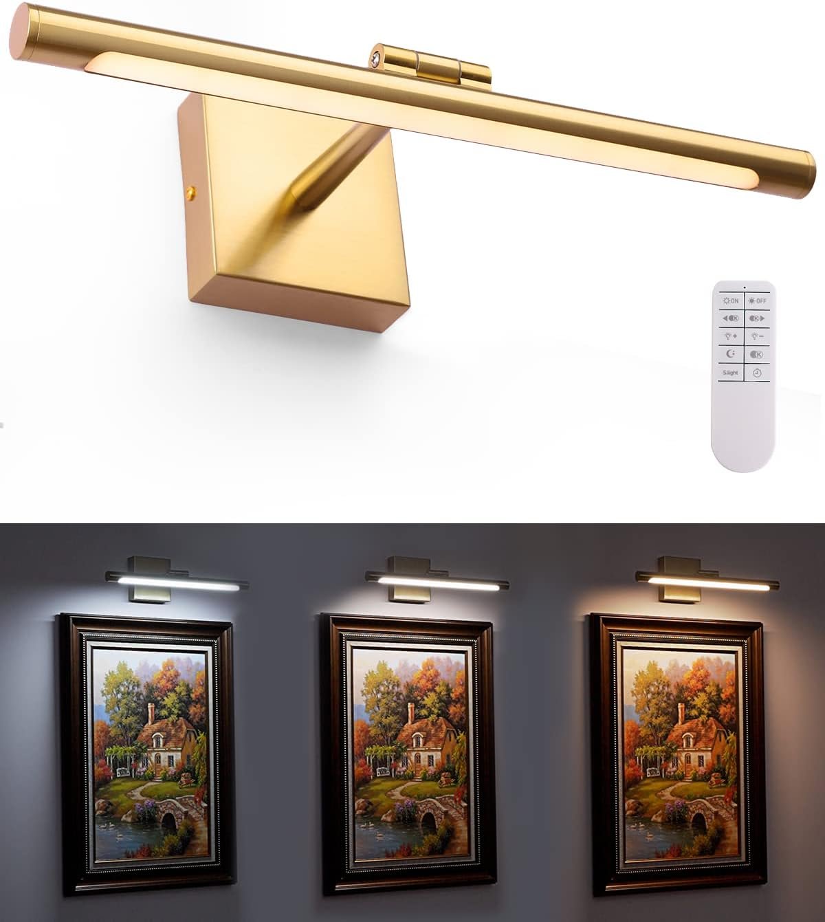 Picture Light with Remote Dimmable Frame Lights for Wall, Gold Art