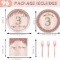 24 Sets 3Th Rose Gold Birthday Party Decrations for Girls 3 Birthday Plates and