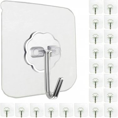 Wall Hooks for Hanging 33Lb(Max) Heavy Duty Self Adhesive Hooks 24 Pack Transpar