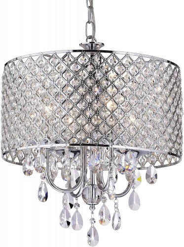 Marya 4-Lights Chrome round Crystal Chandelier Ceiling Fixture | Beaded Drum Sha