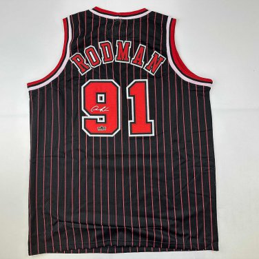 Facsimile Autographed Dennis Rodman Chicago Black Pinstripe Reprint Laser Auto B