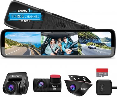 Triple Mirror Dash Cam 12" with Detached Front and In-Car Camera,Waterproof Back