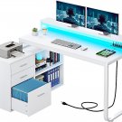 L Shaped Desk with Power Outlets & LED Lights & File Cabinet, 55 Inch Large Comp