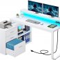 L Shaped Desk with Power Outlets & LED Lights & File Cabinet, 55 Inch Large Comp