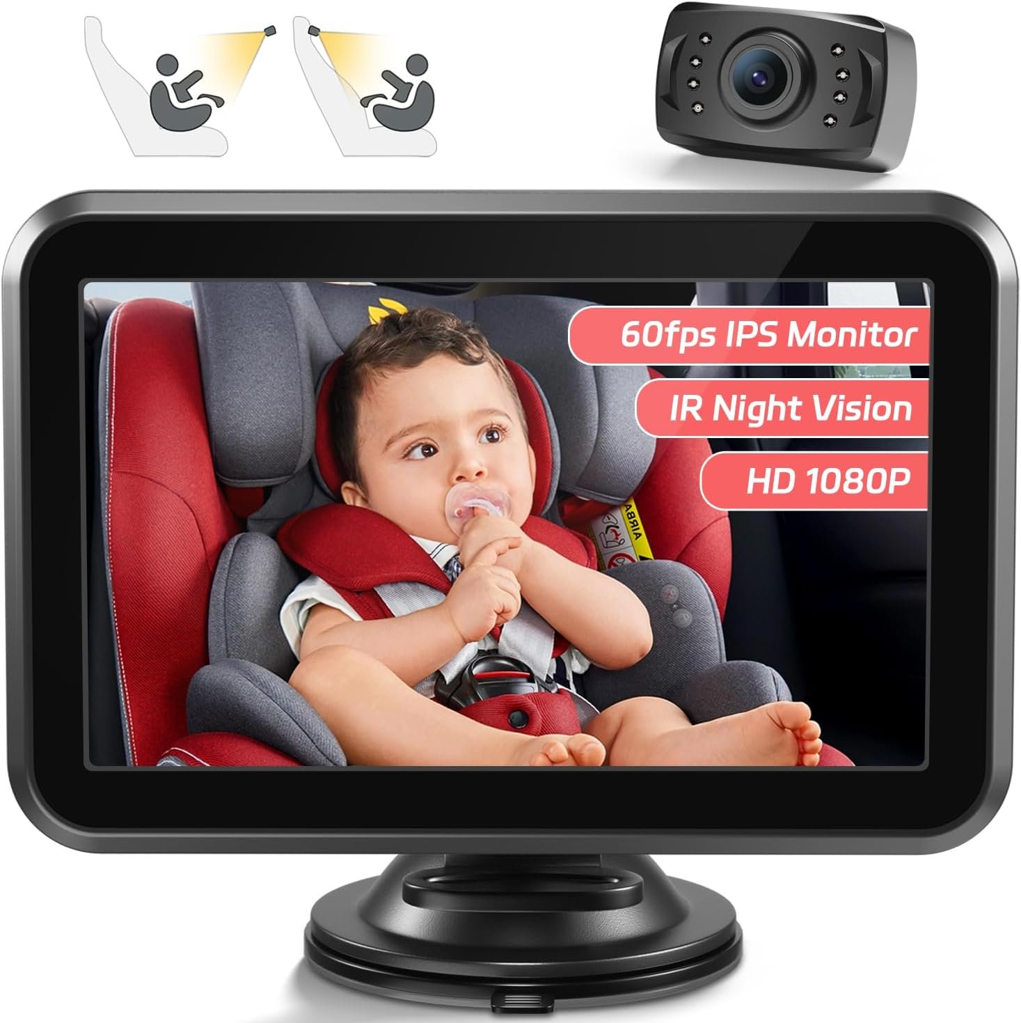 Baby Car Camera, 4.3'' 1080P Night Vision Car Baby Monitor with Camera